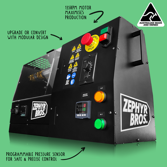 Compact benchtop extruder with motor by Zephyr Bros.