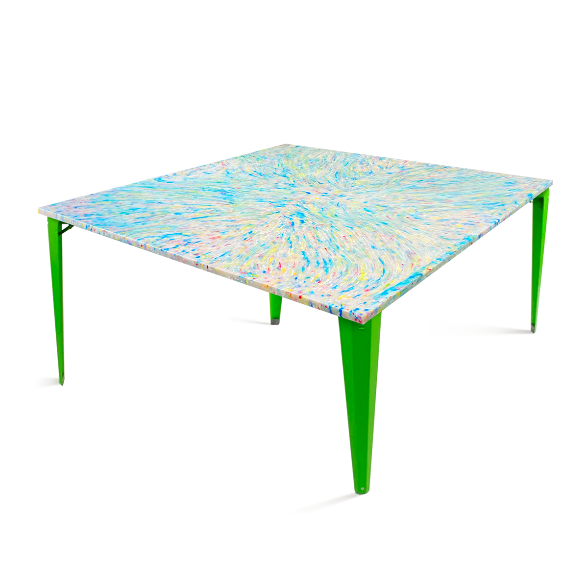Recycled plastic table top made from milk bottles and lids