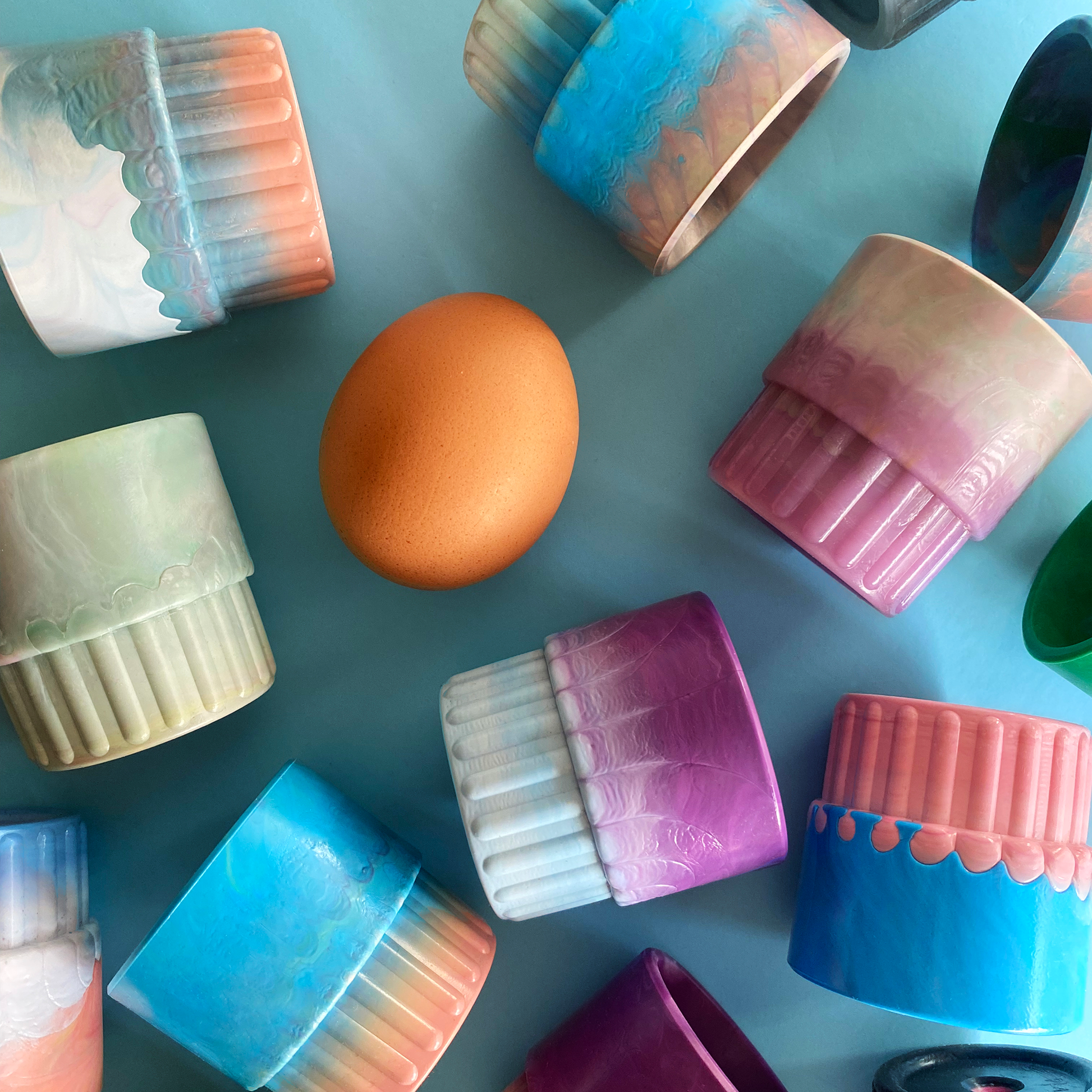 Recycled plastics turned into colourful egg cups