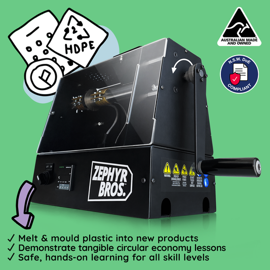 Australian made benchtop extruder - schools, community groups & businesses can recycle their own plastic products!