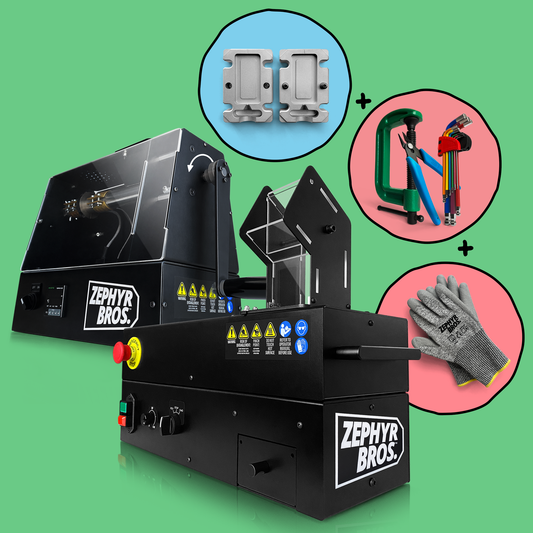Recycling education kit including benchtop extruder, shredder, various molds, safety gloves, and tools on a green background.
