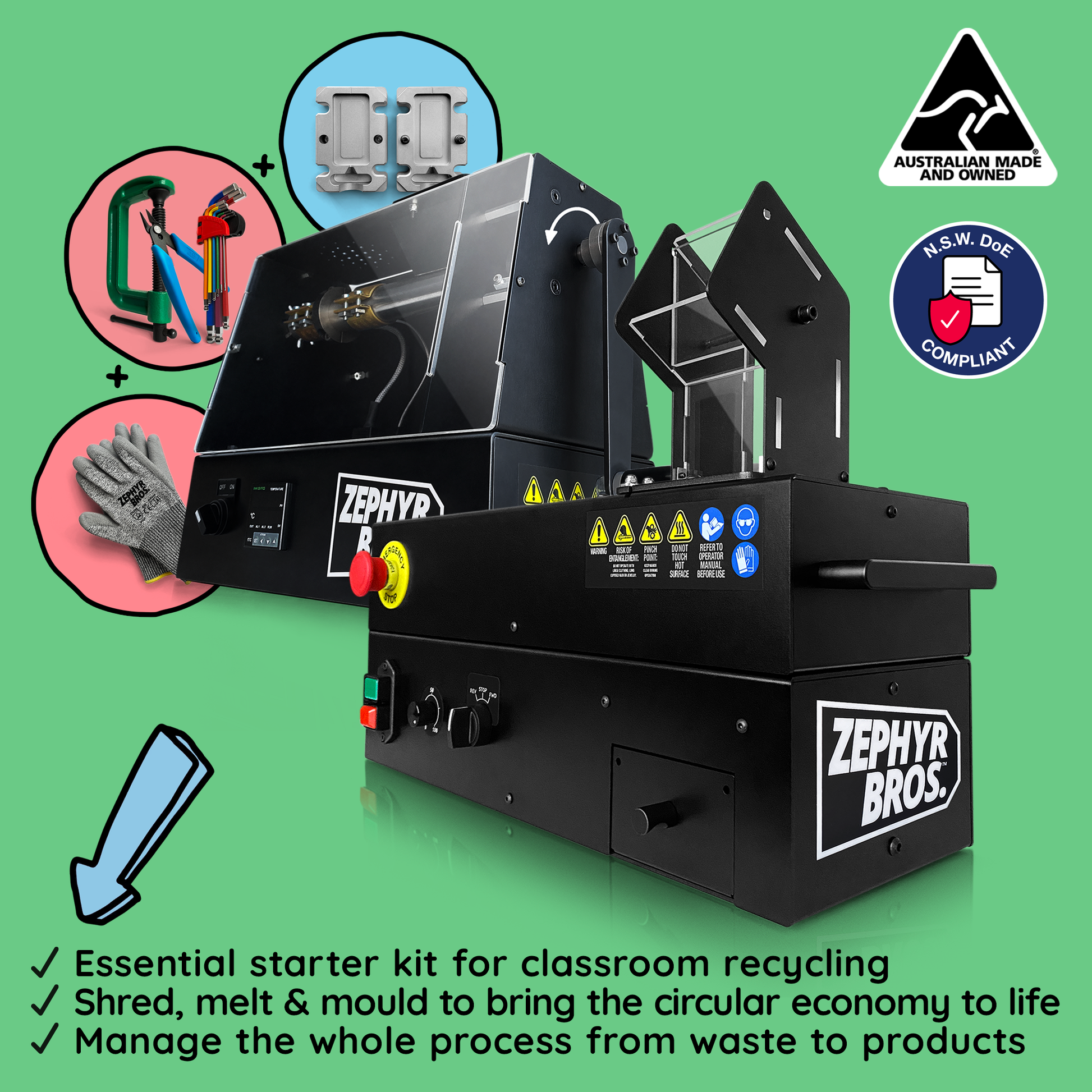 Recycling education kit including benchtop extruder, shredder, various molds, safety gloves, and tools on a green background.