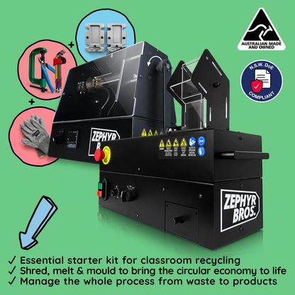 Recycling education kit including benchtop extruder, shredder, various molds, safety gloves, and tools on a green background.