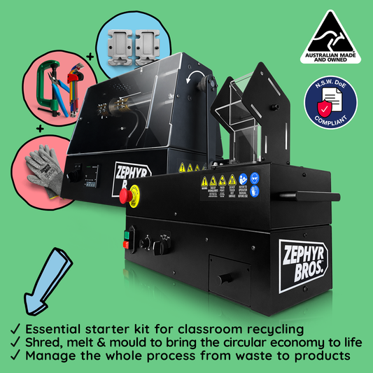 Recycling education kit including benchtop extruder, shredder, various molds, safety gloves, and tools on a green background.