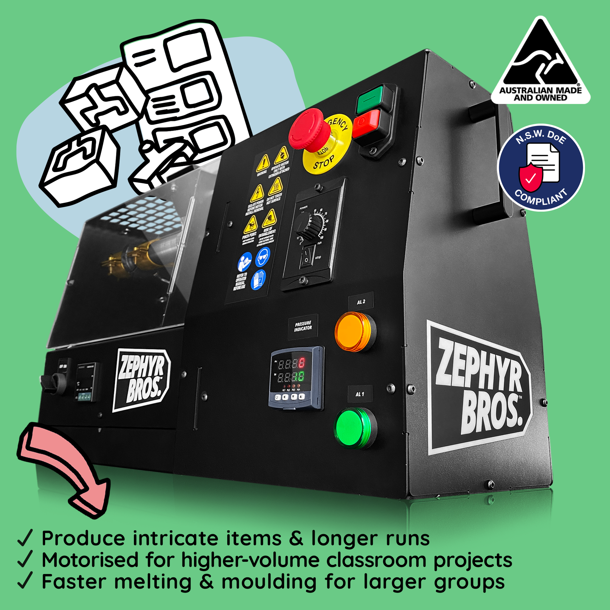 Zephyr Bros classroom-ready machine with control panel and buttons