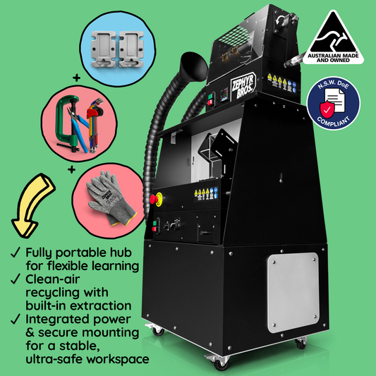 A black benchtop unity with a plastic extruder and shredder machine. The unit is mounted on wheels. Icons included state it is "Australian made and owned" and is "N.S.W DoE Compliant". 