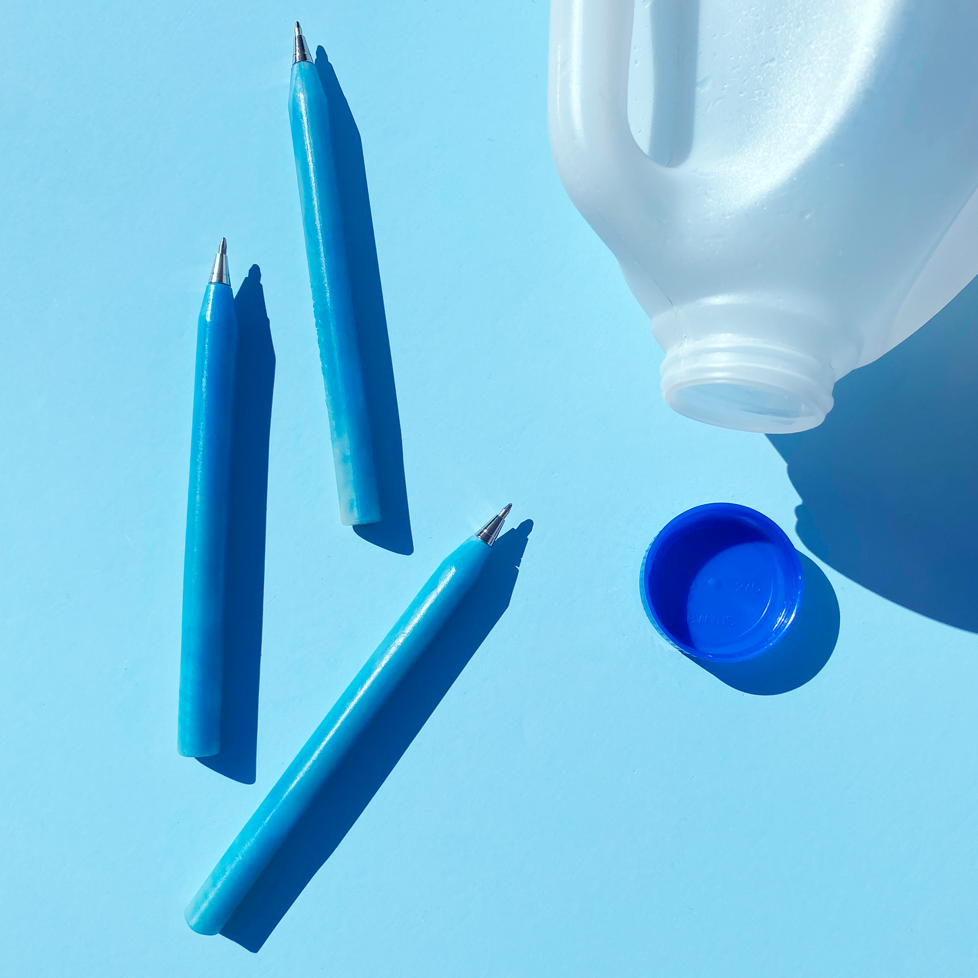 Pens made from milk bottles and plastic waste