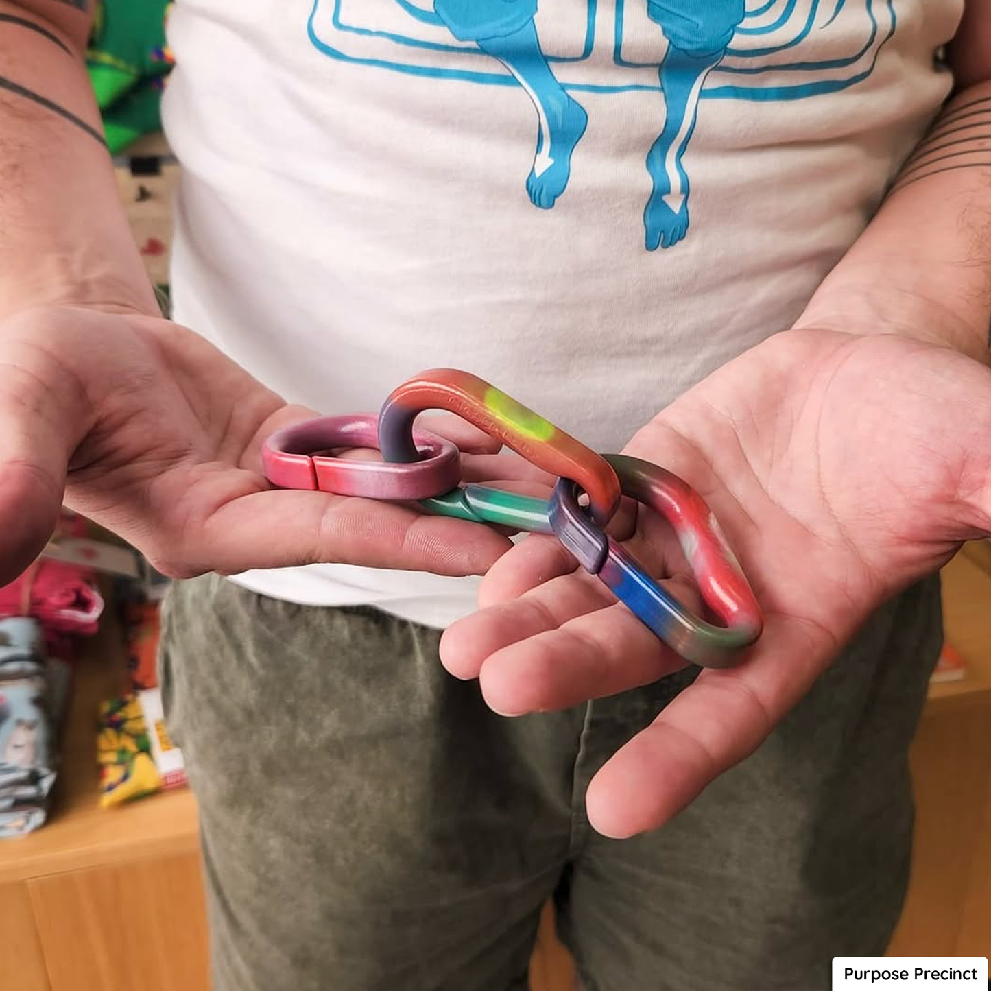 Recycled plastic carabiners made at Purpose Precinct Victoria Markets