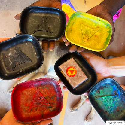 Colourful soap dishes made from recycled plastic