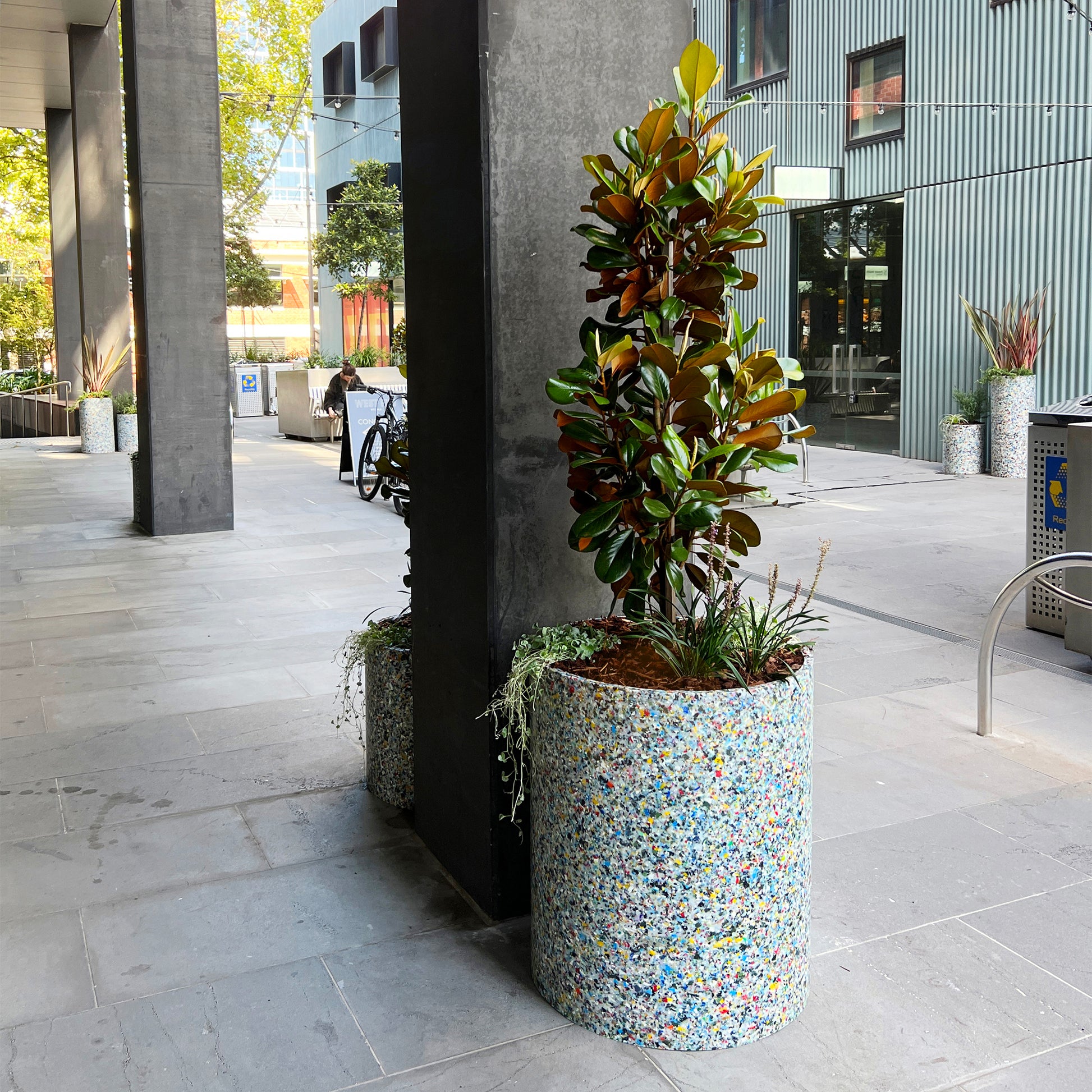 100% recycled plastic plant pots at WestEnd Melbourne | Sustainable city